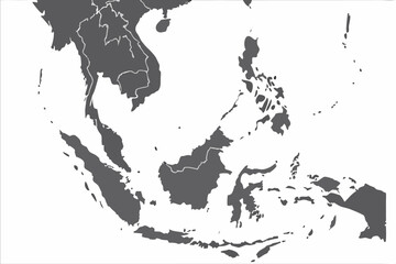 Vector detailed map of southeast asia showcasing countries and geographic features in gray and white tones clearly