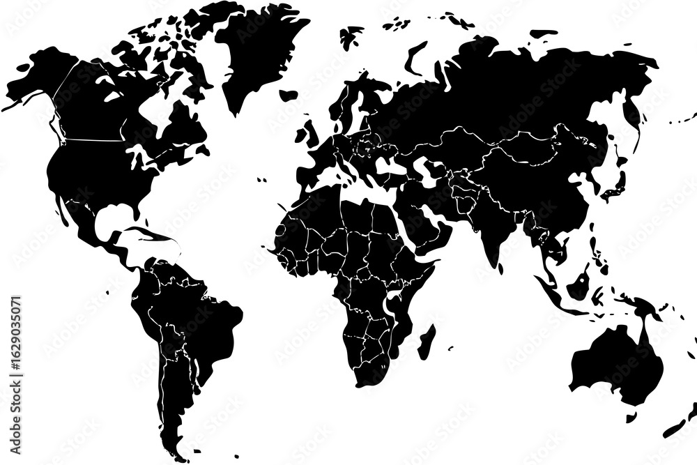 Poster vector a detailed black and white world map showing continents and country borders in a simple graph