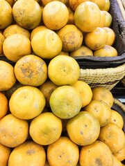Close-up shot of a pile of Medan oranges in a grocery store. The yellow-skinned tropical fruit displayed for sale in a supermarket. The tropical fruit has a sour and sweet taste. Advertisement Space.