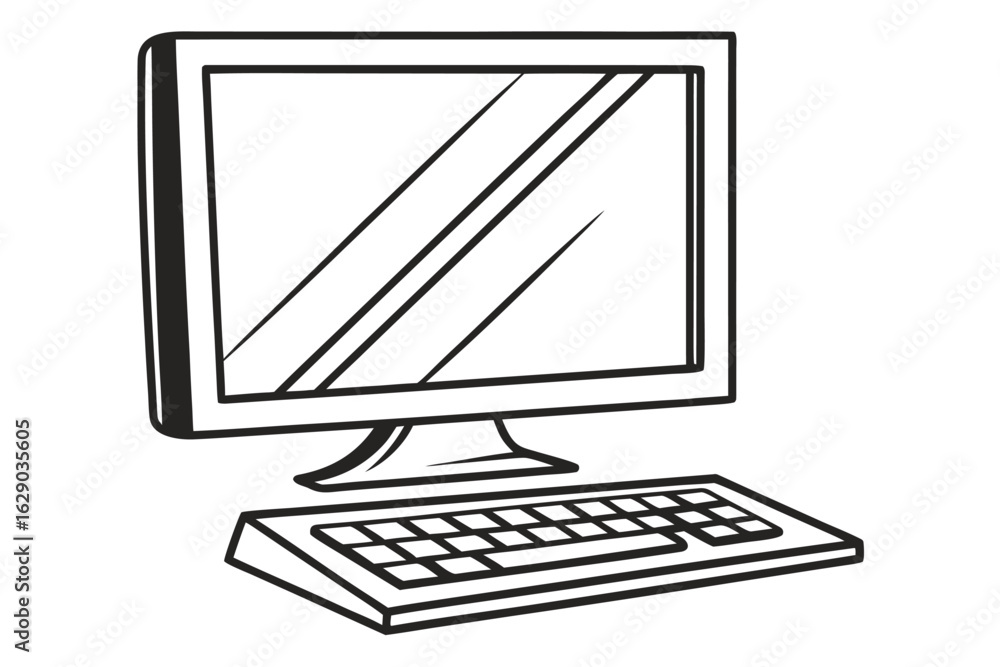 Poster hand drawn illustration of a desktop computer and keyboard on white background monitor screen