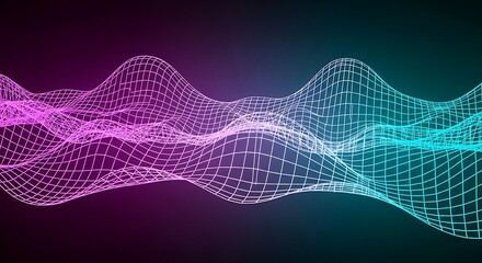 Abstract wave pattern rendered in vibrant pink and teal, forming a flowing, gridded, three-dimensional landscape.