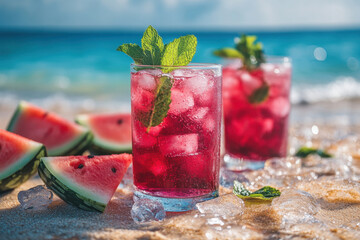 glasses of watermelon on the beach.