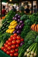 Colorful display of fresh vegetables including tomatoes, zucchinis, carrots, eggplants, and leafy greens at a vibrant farmers market, symbolizing healthy eating, freshness, and organic produce

