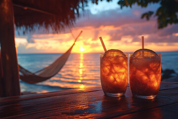 glasses of iced drink on a wooden table.