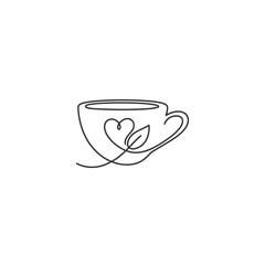 A continuous one-line drawing of a teacup with a heart and leaf symbol inside.