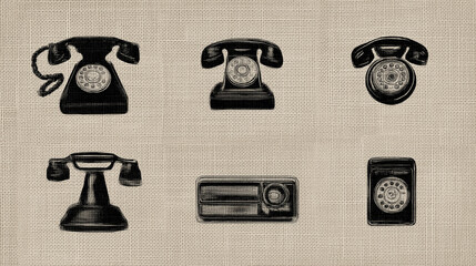 intage Rotary Phones Illustration on a Textured Background Vintage Communication Device Icons Set Including Phones and Radio