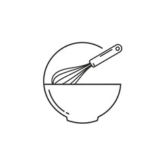 Line art illustration of a whisk resting in a mixing bowl.