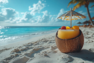 Cocktail with umbrella on sandy beach.