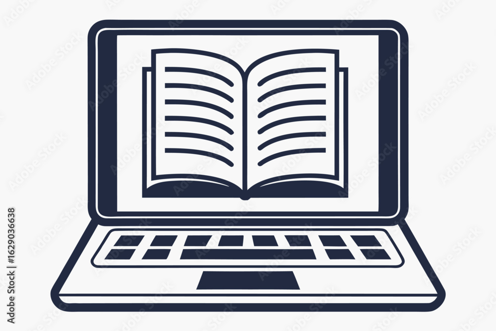 Poster laptop displaying an open book icon symbolizing online education computer technology