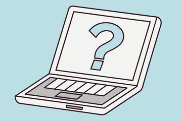 Laptop displaying a large blue question mark symbol on its screen computer technology