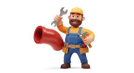 Obraz premium Cartoon construction worker with tools and pipe