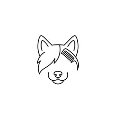 Simple line art illustration of a dog's head with a comb, likely for a pet grooming service.