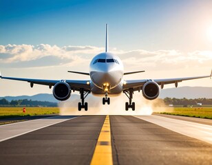 Fototapeta premium Airplane taking off, low angle view, runway, sunlit sky
