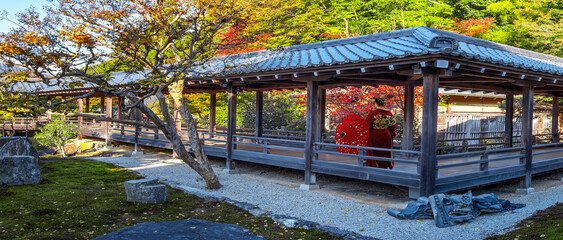 Japanese Woman in Traditional Kimono Dress at Nanzenji  temple and Hojo garden with beautiful foliage in autumn in Kyoto, Japan