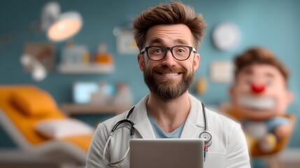 Portrait of a friendly and approachable doctor or healthcare provider in a modern office environment using a digital tablet for patient care or consultation