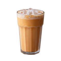 Iced tea in a tall glass with ice cubes. Refreshing beverage perfect for hot days, showcasing a creamy texture and a golden color.