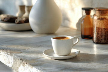 A cup of coffee on a table.