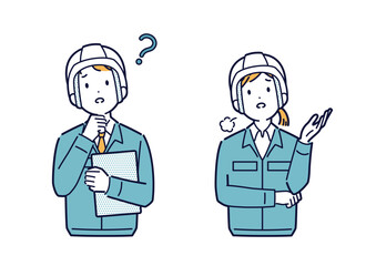考えたり悩んだりする作業着姿の男女のイラスト