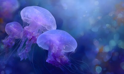 A group of jellyfish, glowing with bioluminescent light effects in shades of blue and purple, swimming gracefully through the dark ocean depths