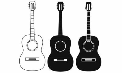 Naklejka premium Set of acoustic guitar icons in outline,silhouette solid black, and inverted styles. Ideal for music themes, logo, apps, infographics, and vector design elements