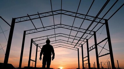 Silhouette of a construction worker holding a blueprint moving forward