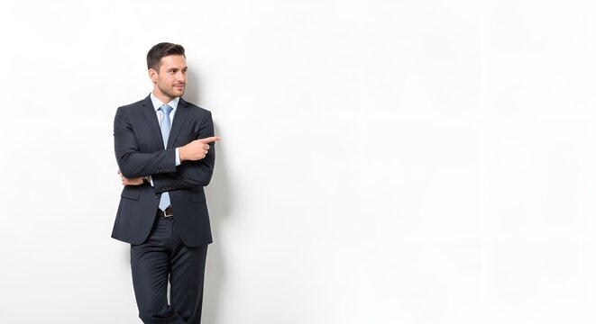 Handsome businessman in suit pointing to copy space isolated on white background