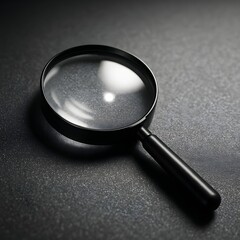 Black magnifying glass on dark textured surface under focused lighting, symbolizing research, investigation, close observation, and attention to detail in a minimalist concept

