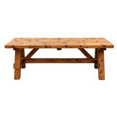 Rustic wooden dining table with a natural finish, perfect for gatherings and outdoor dining, featuring sturdy legs and a spacious surface for meals.