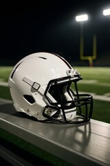 Fototapeta premium White American football helmet resting on a bench with illuminated stadium field in the background at night, symbolizing sports, safety, competition, and team preparation