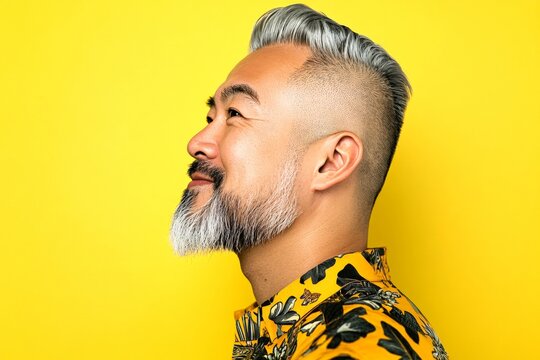 Conceptual art of style for aging men. Yellow solid background. Trendy men's undercut haircut - midlife southeast asian man with middle hair. A chic gentleman dressed in style and confidence.