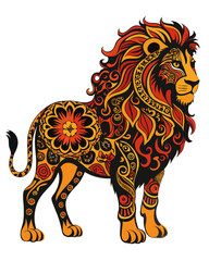 Fototapeta premium Ornate lion artwork full of swirling tribal patterns, warm colors, and detailed floral designs for your project