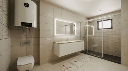 Fototapeta premium Modern bathroom with a sleek vanity illuminated mirror and glass shower enclosure
