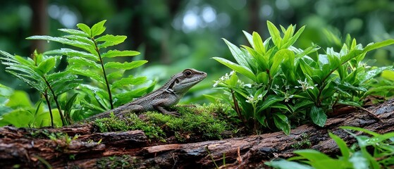 Lizard on mossy log in lush forest