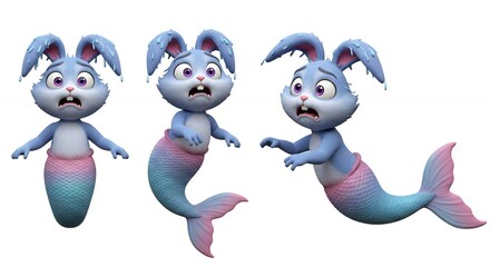 Obraz premium Cartoon rabbits in mermaid costumes