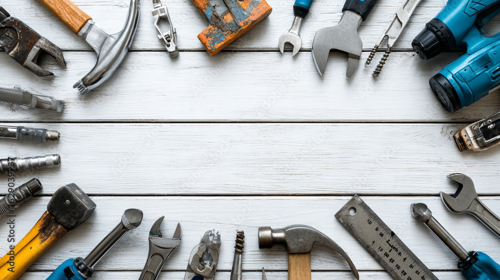 Poster assortment of tools arranged on a white wooden surface creating a frame effect