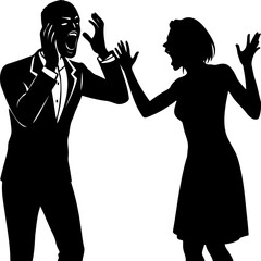 Silhouette of a man in a suit and a woman screaming at each other with raised hands in black and white