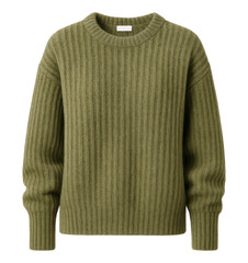 Fototapeta premium A warm and cozy olive green ribbed knit crewneck pullover sweater. Realistic front view mockup, Isolated on Transparent Background, PNG