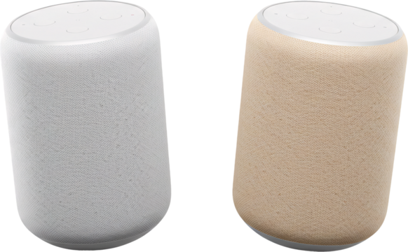 Two fabriccovered cylindrical smart speakers with white tops and subtle control buttons.