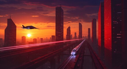 Futuristic cityscape with a high speed train, fighter jet, and a vibrant sunset sky in the background