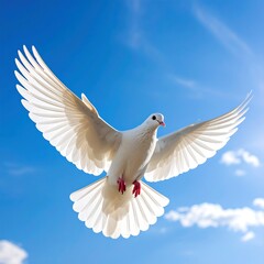 Obraz premium A white dove in flight against a vibrant blue sky, wings spread wide