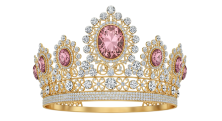 3d illustration of a beautiful golden crown adorned with sparkling diamonds and pink gemstones, isolated on transparent background