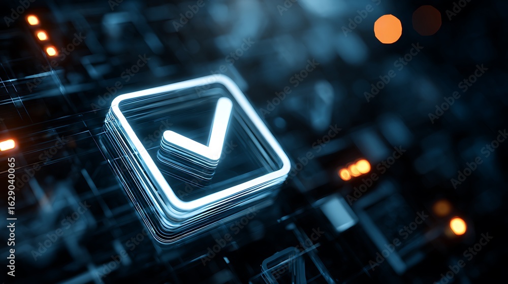 Poster checkbox icon showing completion on dark technology background