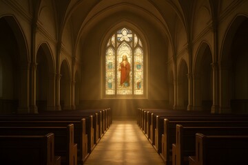 Obraz premium Peaceful interior of a historic church with sunlight streaming through a large stained glass window depicting Jesus, creating a serene atmosphere of faith, spirituality, and sacred architecture