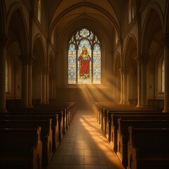 Peaceful interior of a historic church with sunlight streaming through a large stained glass window depicting Jesus, creating a serene atmosphere of faith, spirituality, and sacred architecture


