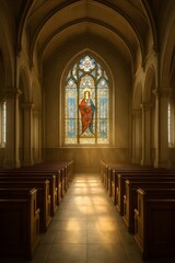 Fototapeta premium Peaceful interior of a historic church with sunlight streaming through a large stained glass window depicting Jesus, creating a serene atmosphere of faith, spirituality, and sacred architecture