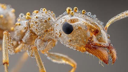 Fototapeta premium Close-up macro of an ant covered in water droplets
