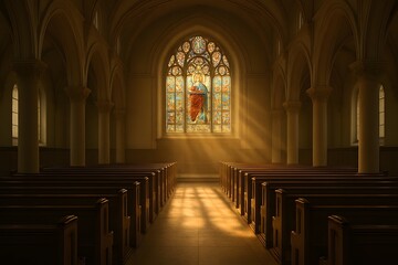Obraz premium Peaceful interior of a historic church with sunlight streaming through a large stained glass window depicting Jesus, creating a serene atmosphere of faith, spirituality, and sacred architecture