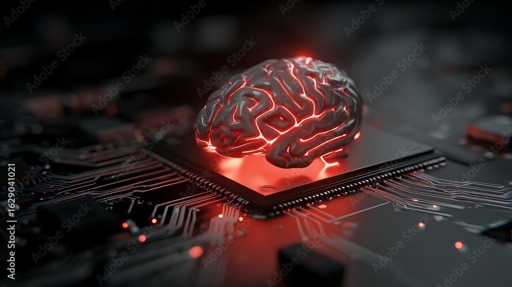 Poster glowing brain on computer chip concept for artificial intelligence