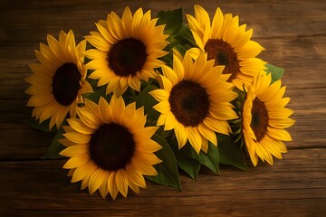 Obraz premium Top view of a vibrant bouquet of blooming sunflowers with bright yellow petals and dark centers arranged on rustic wooden background, symbolizing summer, nature, and positivity