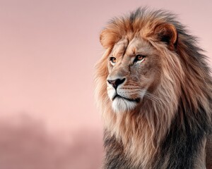 Obraz premium Majestic lion portrait in soft pink light